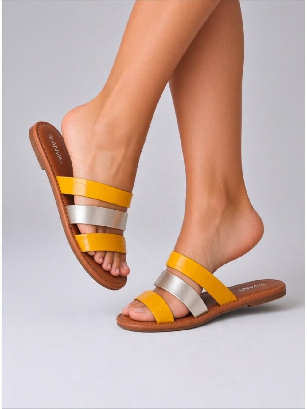 Colorblock Yellow & Metallic Gold Triple Strap Flat Sandals With Croc Embossed D
